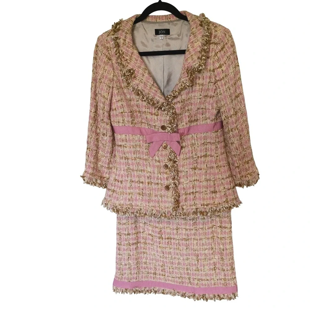 JÔN Pink Tweed Skirt Suit Set Jacket 10 Skirt 6 Fringe Trim‎ Bow